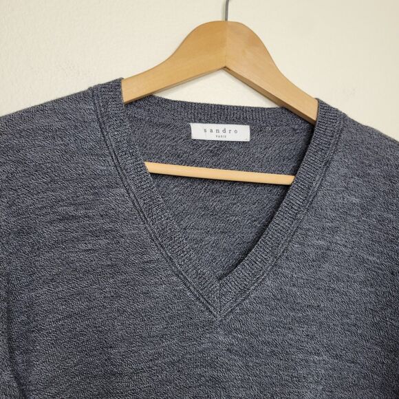Sandro Paris Merino Wool V-Neck Sweater Size Small Gray Washable Preppy Classic - Picture 4 of 13